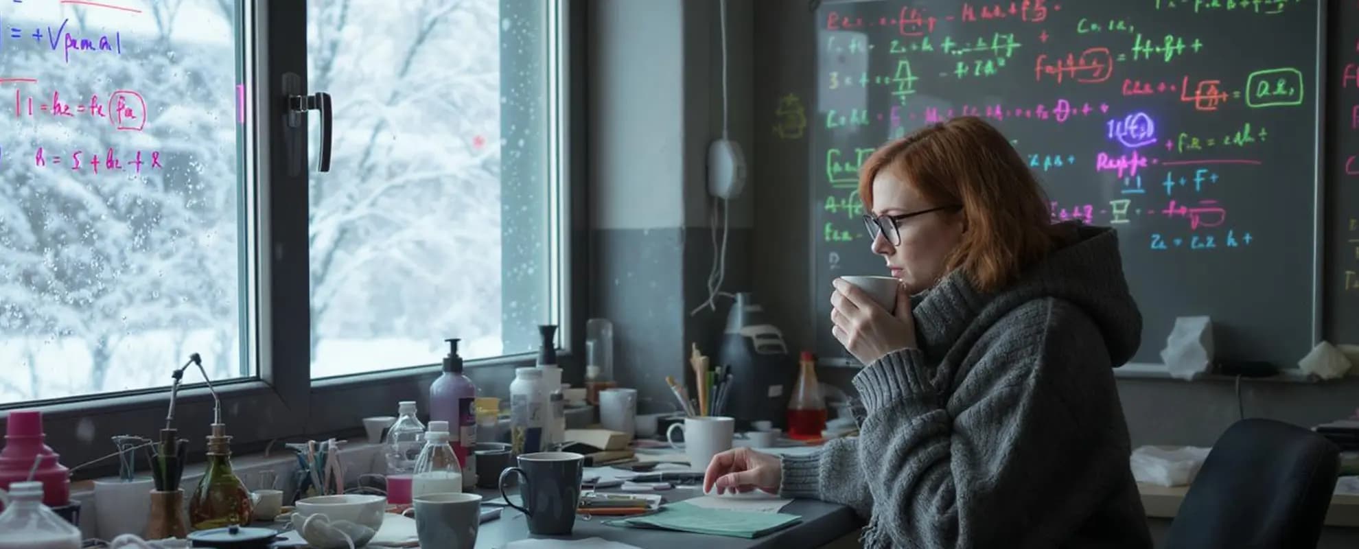 Woman with a cup of coffee at her desk in front of a board full of formulas, snow outside