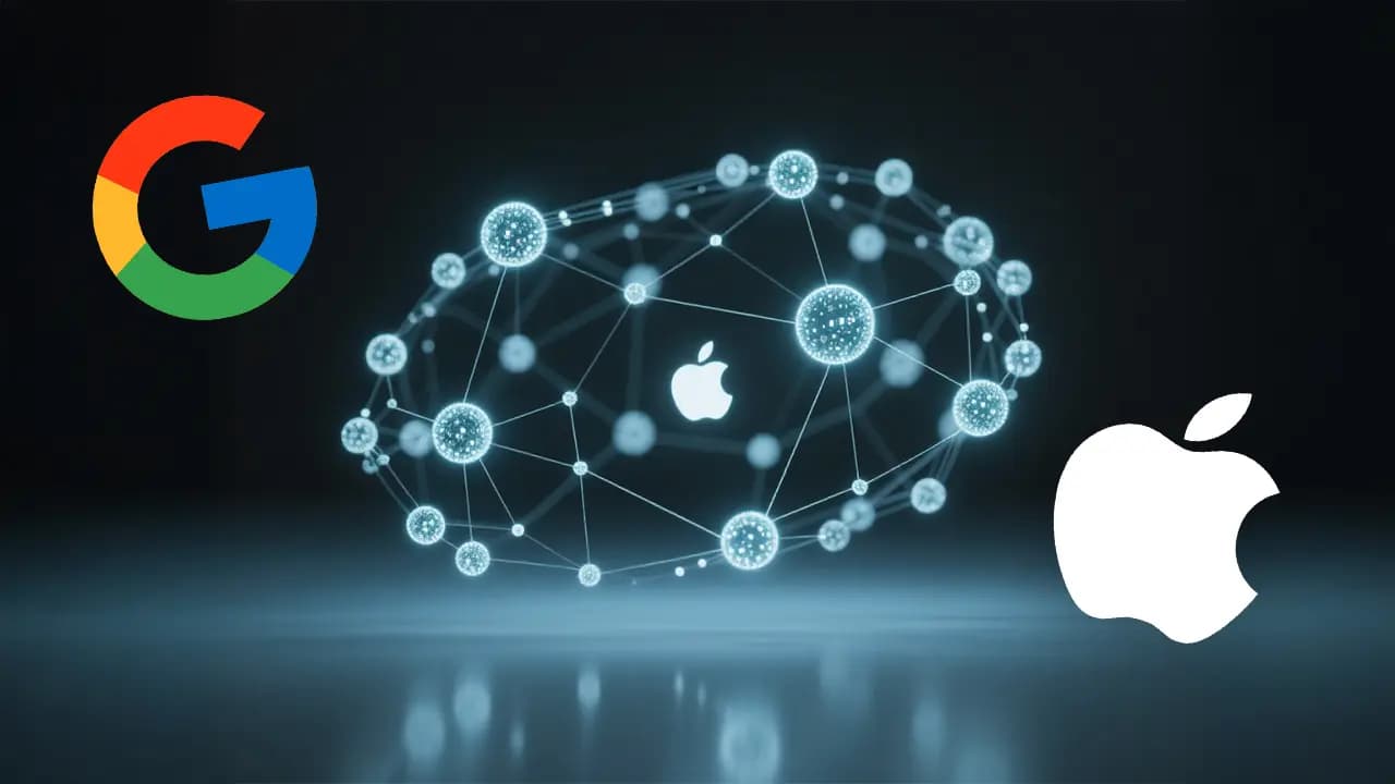 Glowing network as a symbol of artificial intelligence, next to the Google and Apple logos