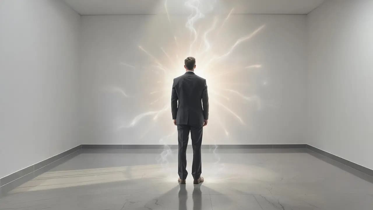 Man in a suit standing in an empty room in front of a bright energy field