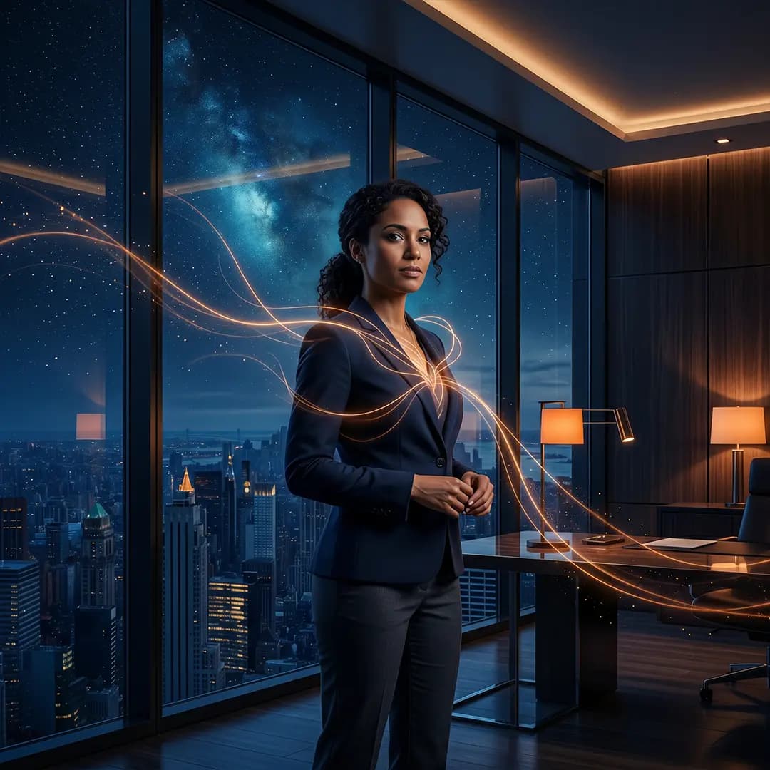 Businesswoman in a modern office with a night skyline and glowing futuristic lines