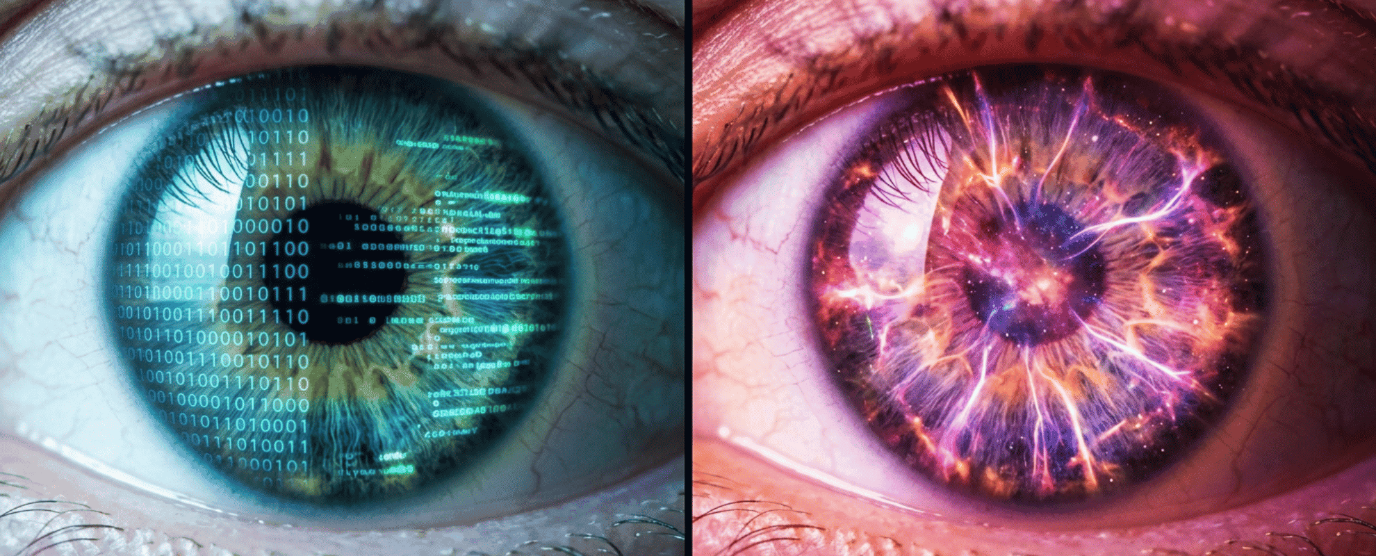 Two eyes side by side, one filled with digital code, the other with glowing cosmic energy