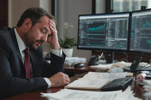 Gestresster Manager im Anzug sitzt vor mehreren Monitoren mit Finanzdaten, stützt den Kopf auf die Hand – Symbolbild für Überforderung bei Führungskräften