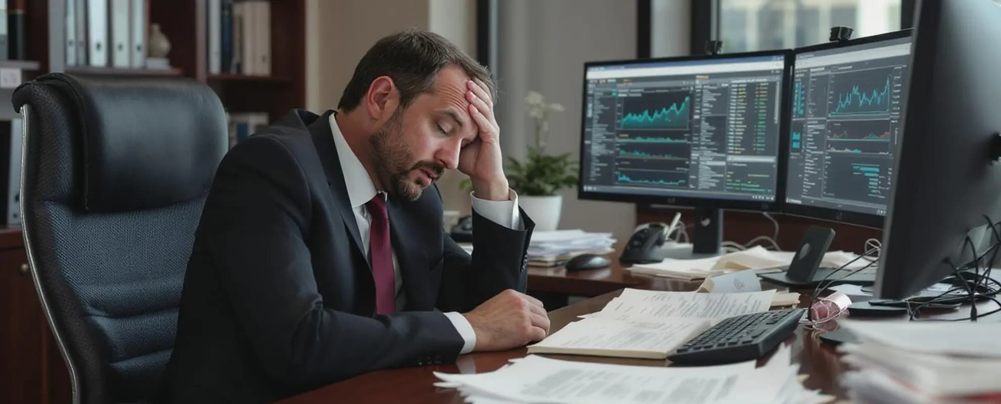 Gestresster Manager im Anzug sitzt vor mehreren Monitoren mit Finanzdaten, stützt den Kopf auf die Hand – Symbolbild für Überforderung bei Führungskräften