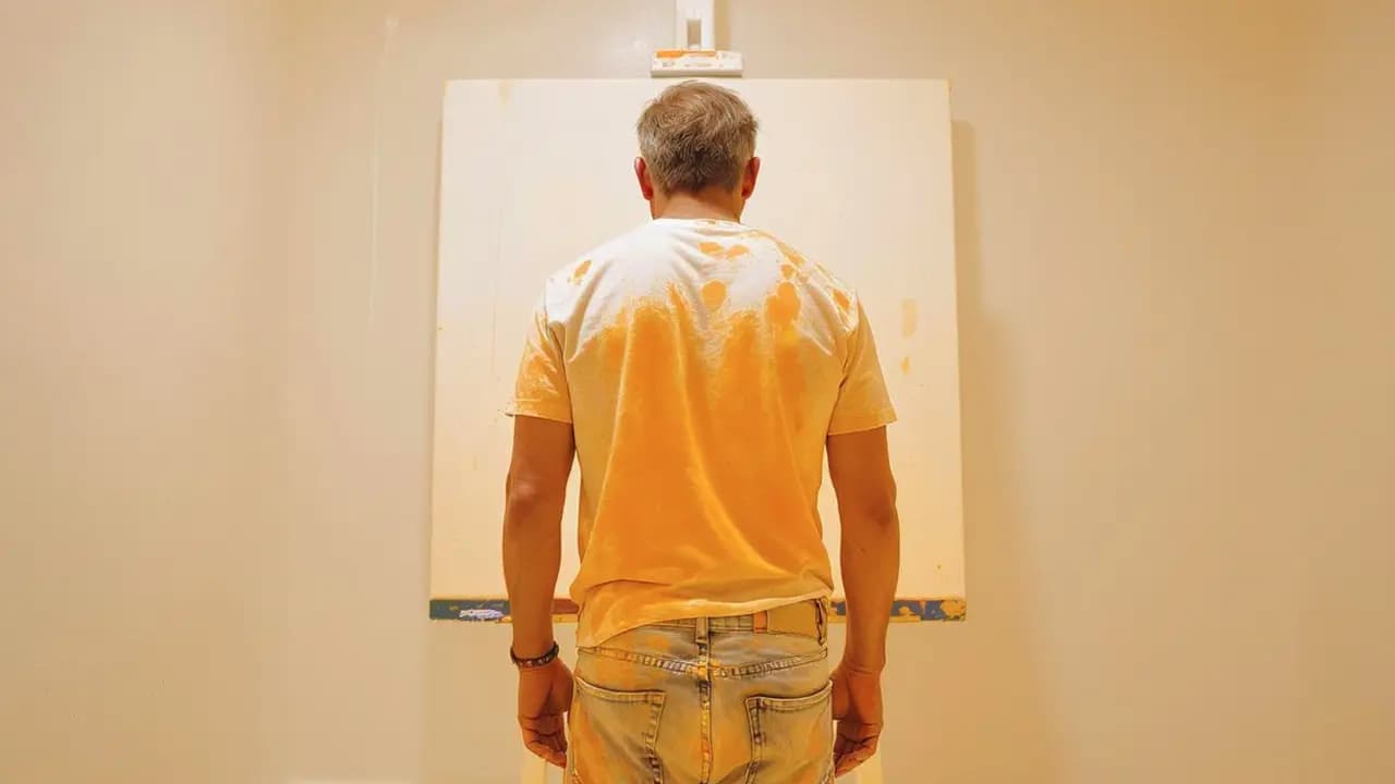 Mann in farbverschmiertem T-Shirt steht vor einer leeren Leinwand