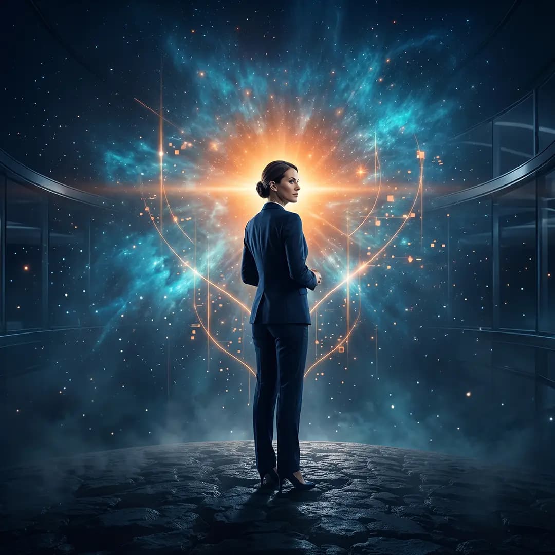 Frau im Businessanzug vor leuchtender kosmischer Szenerie mit futuristischen Datenlinien