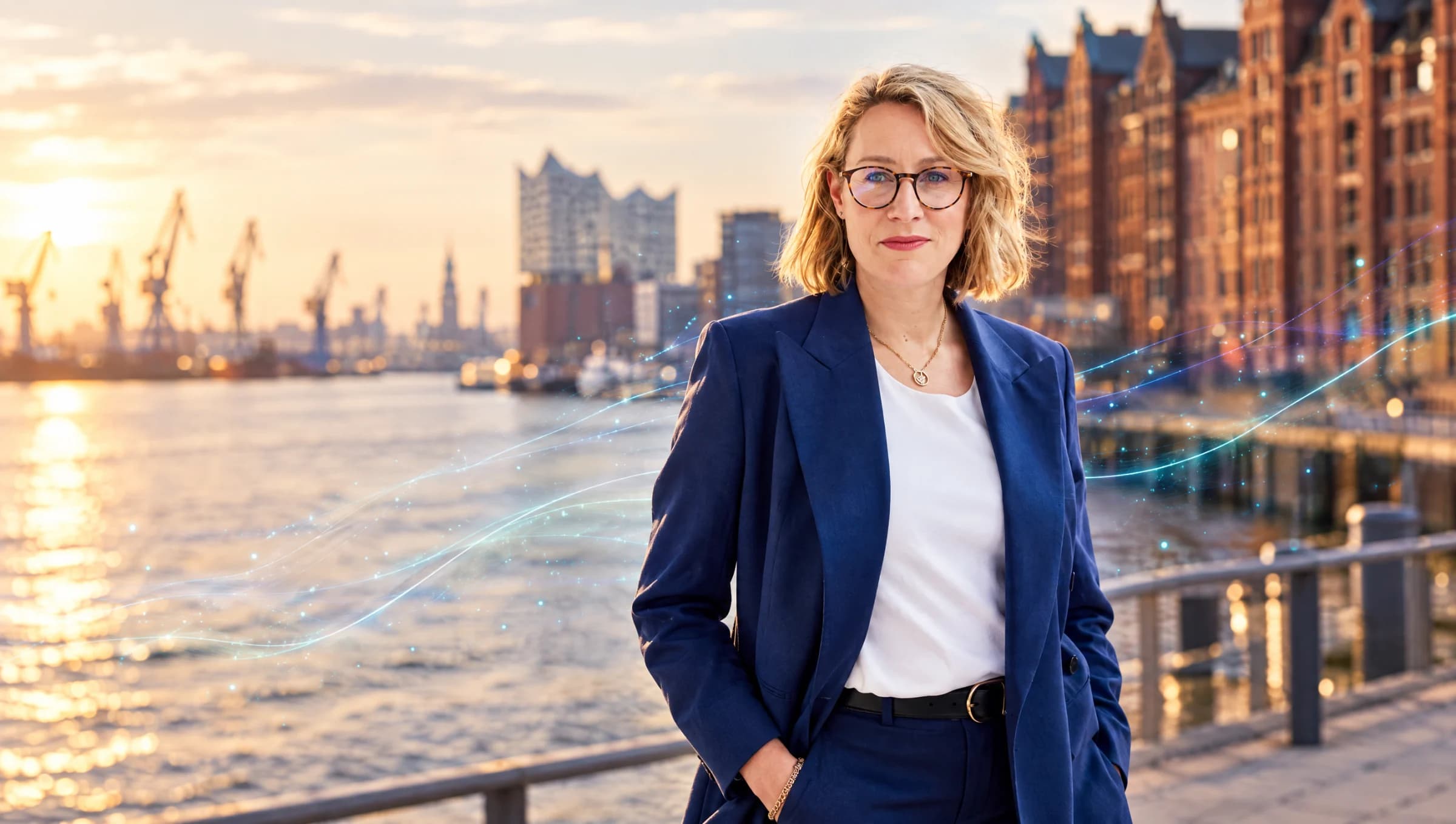 Julie Sternberg an der Elbe in Hamburg, umgeben von einem feinen Lichtfeld in Blau und Türkis