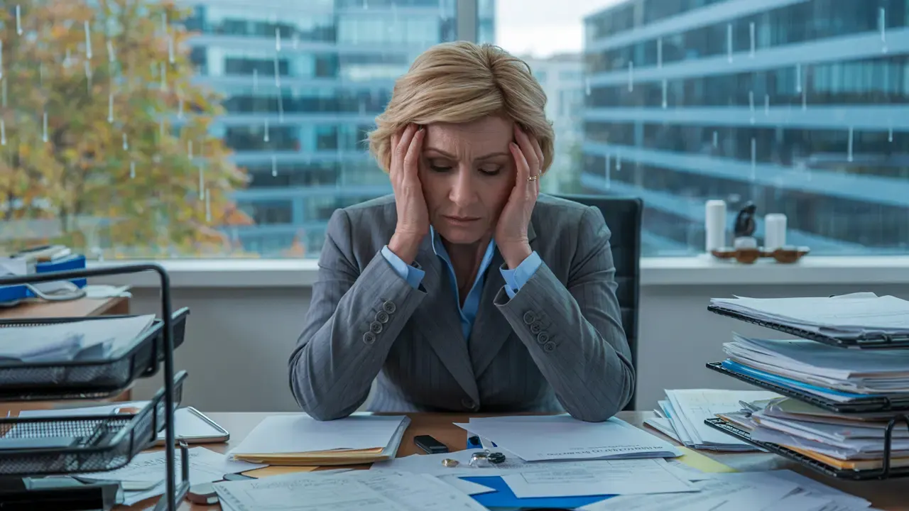 Exhausted female executive sitting with her hands on her head at a desk full of files