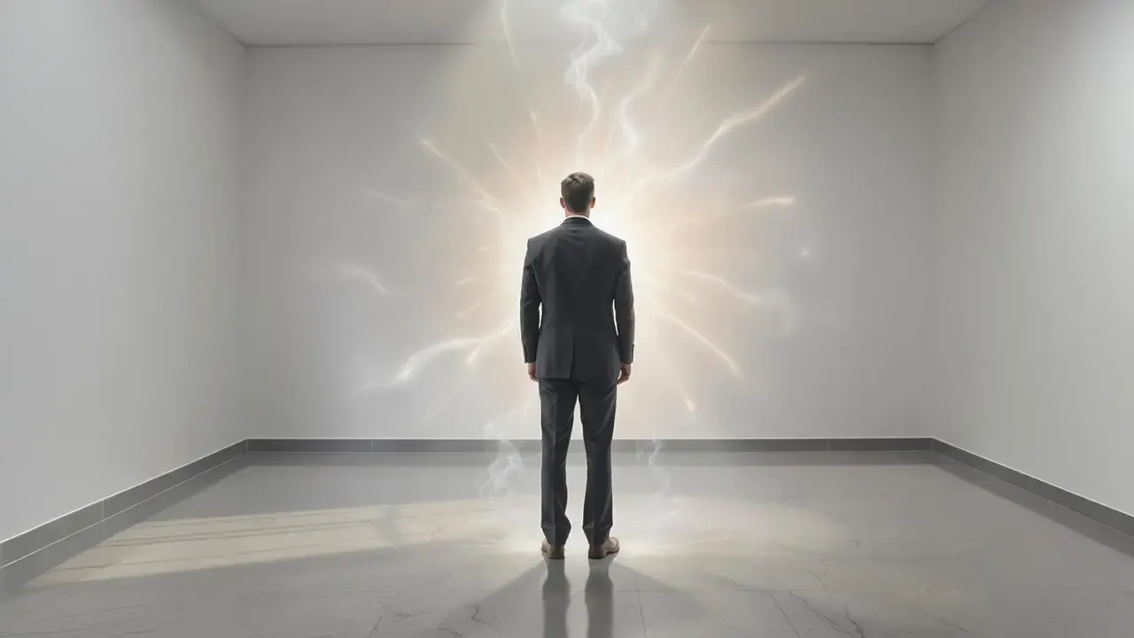 Man in a suit standing in an empty room in front of a bright energy field