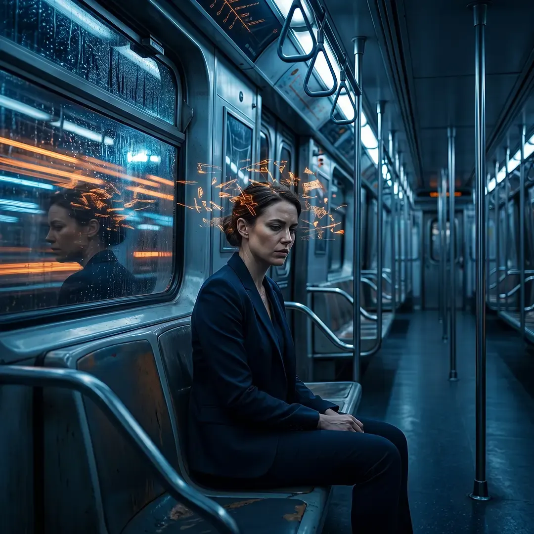 Thoughtful woman alone in a night subway carriage with abstract luminous fragments above her head