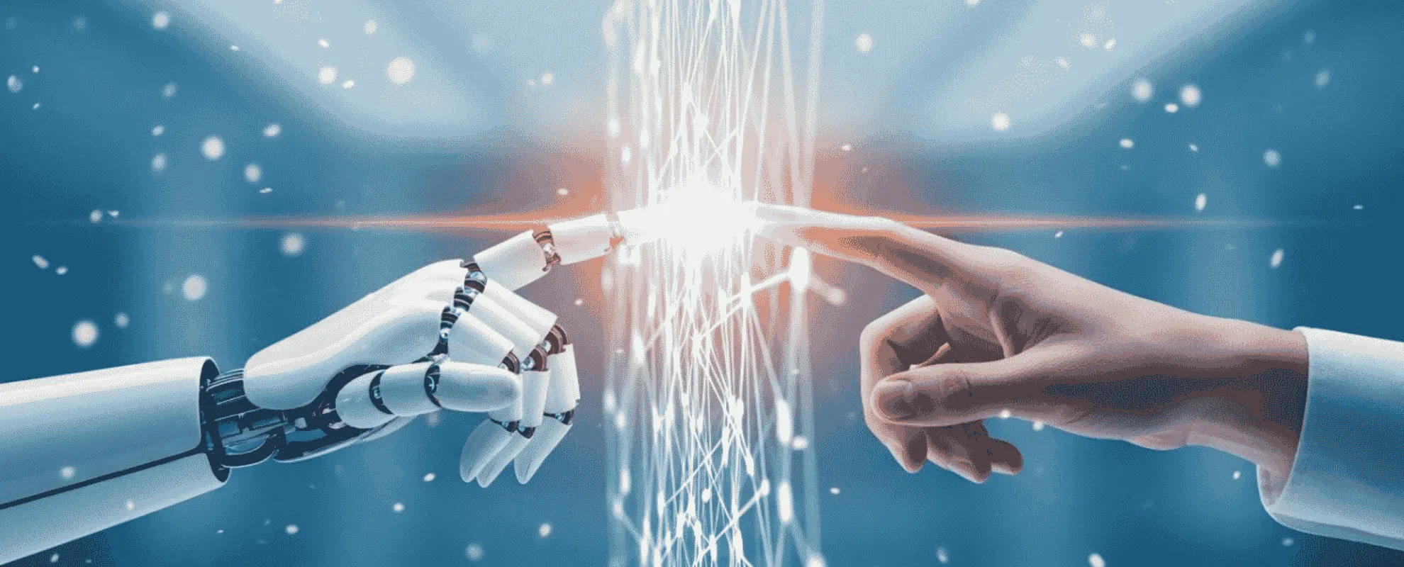 A robotic hand and a human hand reaching towards each other with light between them
