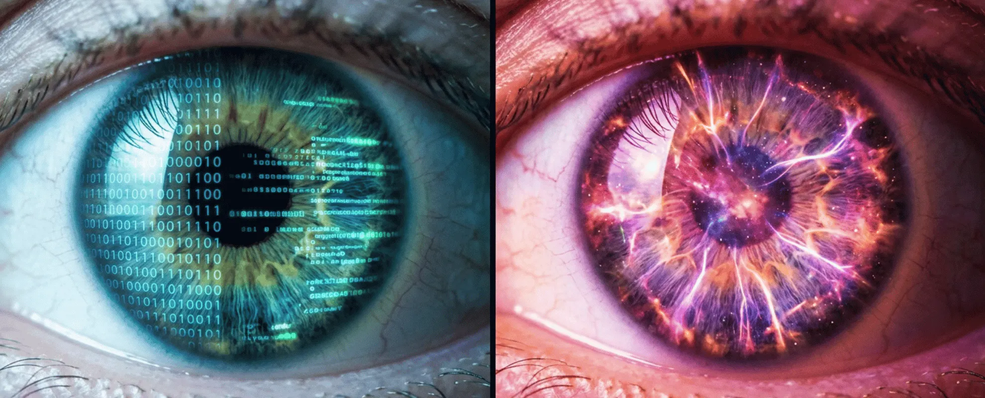 Two eyes side by side, one filled with digital code, the other with glowing cosmic energy