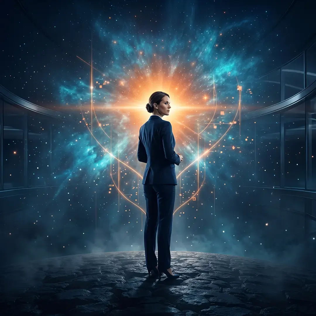 Frau im Businessanzug vor leuchtender kosmischer Szenerie mit futuristischen Datenlinien