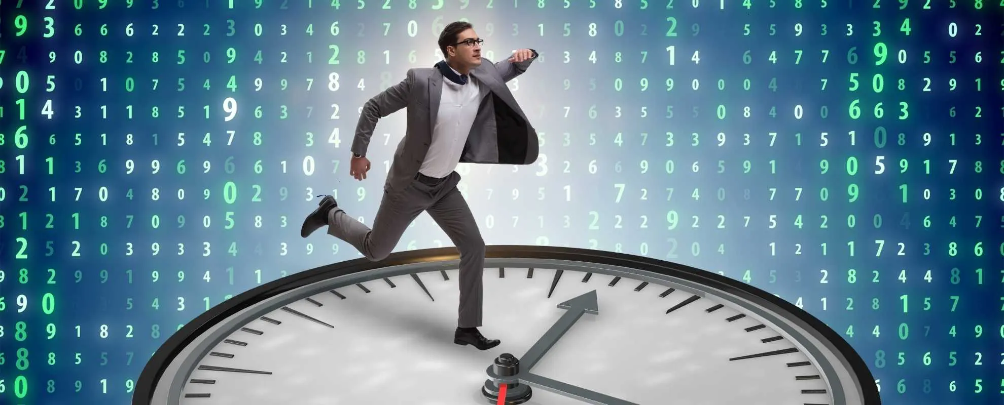 Businessman running on big clock in front of digital numerical code – symbol of time management and digital efficiency