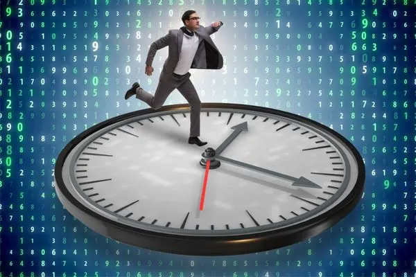 Businessman running on big clock in front of digital numerical code – symbol of time management and digital efficiency