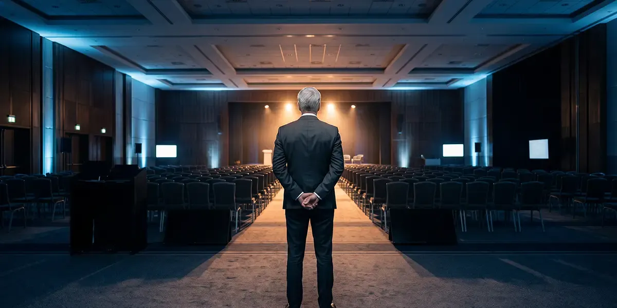 Mann im Anzug steht mit dem Rücken zur Kamera in einem leeren Konferenzsaal