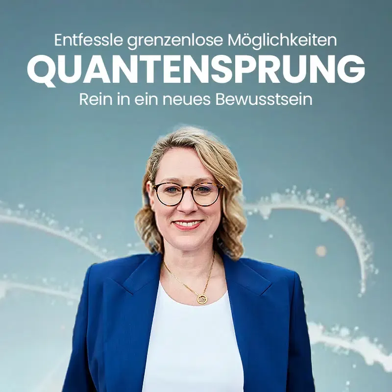 Julie Sternberg im blauen Blazer unter dem Schriftzug „Quantensprung“
